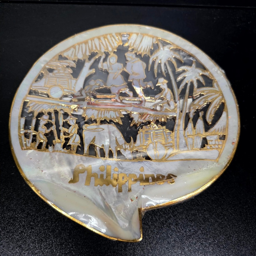Philippines Souvenir Shell 6.5" Gold Mother of Pearl Cutwork Village Scene Art
